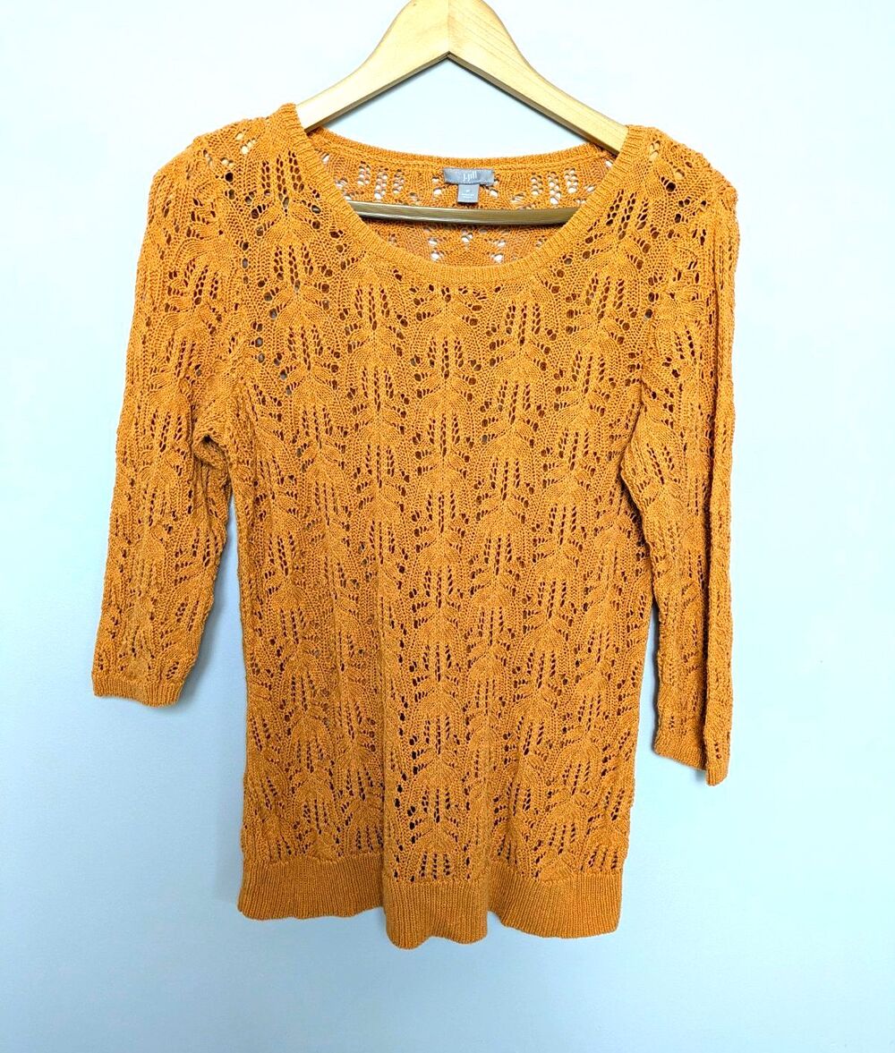 J. Jill Orange Open-Knit Light Pullover Boho Sweater SZ M Scoop Neck 3/4 Sleeve